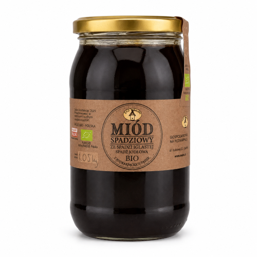 Przejdź do produktu BIO Miód spadziowy ze spadzi jodłowej EKOLOGICZNY 1050g