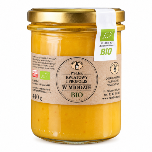 Przejdź do produktu BIO Pyłek kwiatowy i propolis w miodzie EKOLOGICZNY 440g